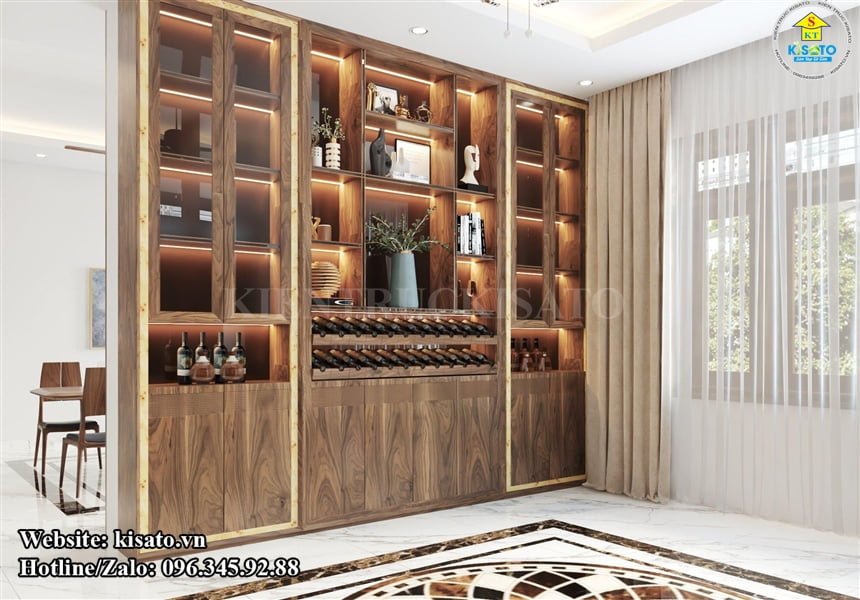 Mẫu nội thất gỗ hiện đại với tủ rượu kết hợp đèn led